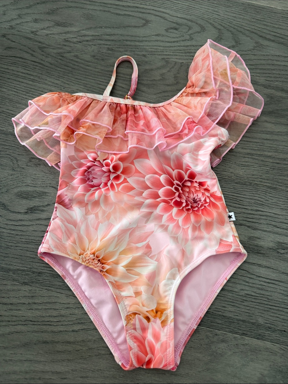 Molo Pink Floral Ruffle-Shoulder One-Piece Swimsuit